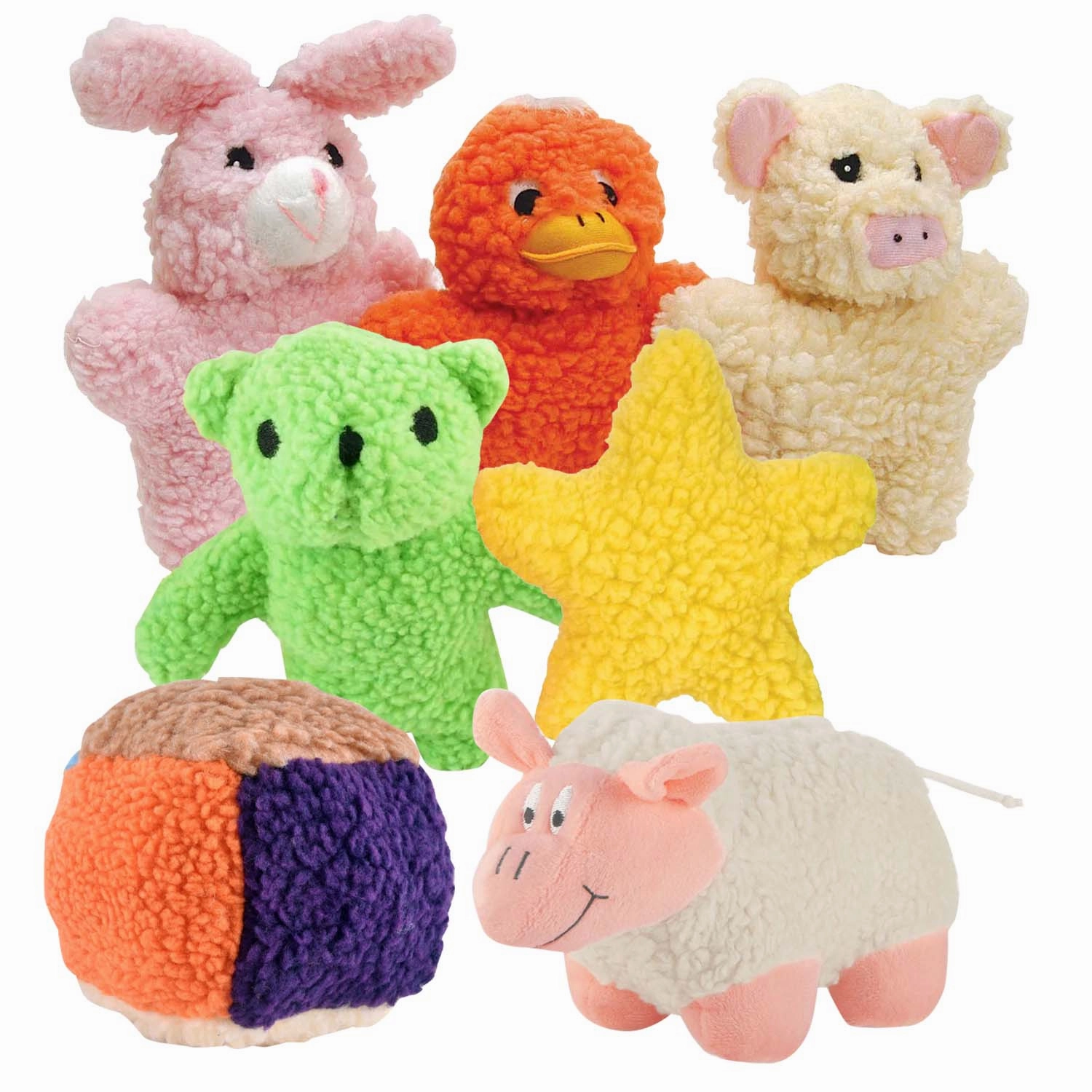 Jeffers Plush Fleece Toys Share the Love Squeaker Dog Toys, 7 Piece Kit